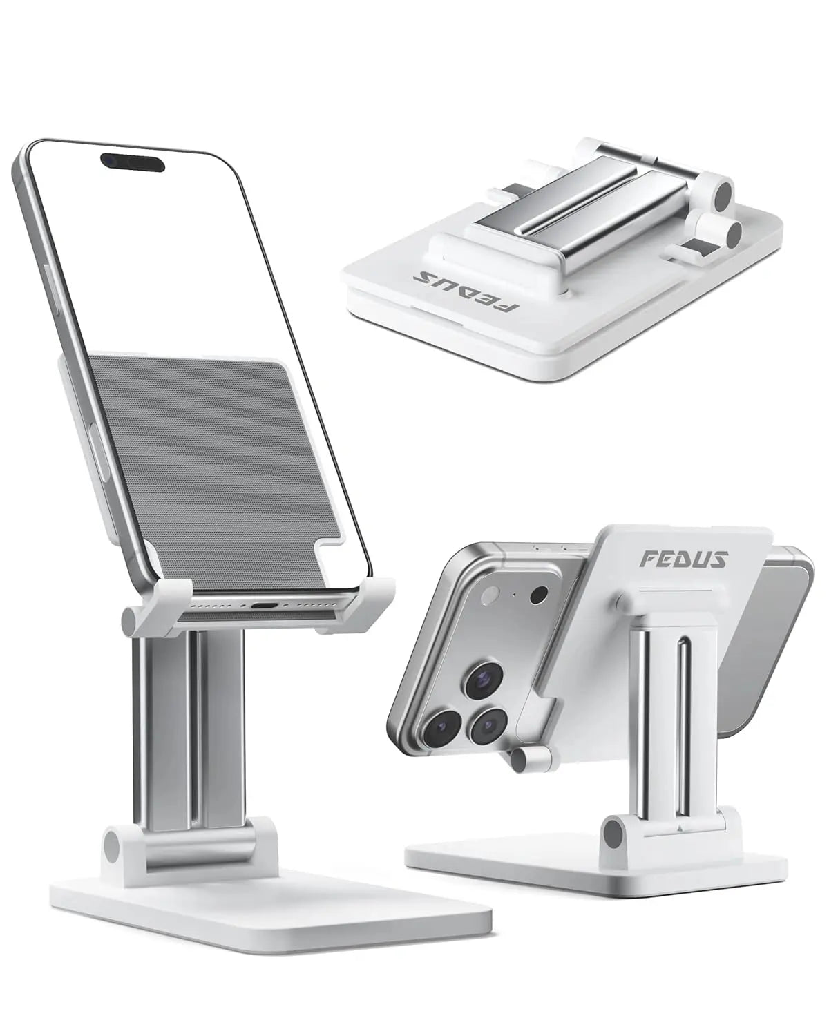 Three angles of a white phone stand with 'FEDUS' branding on a white background