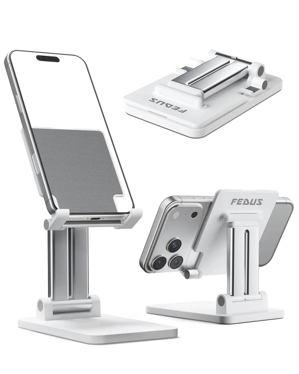 Three angles of a white phone stand with 'FEDUS' branding on a white background