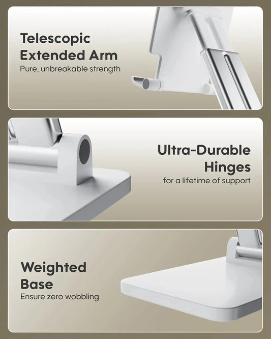 Product features including telescopic extended arm, ultra-durable hinges, and weighted base on a beige background.