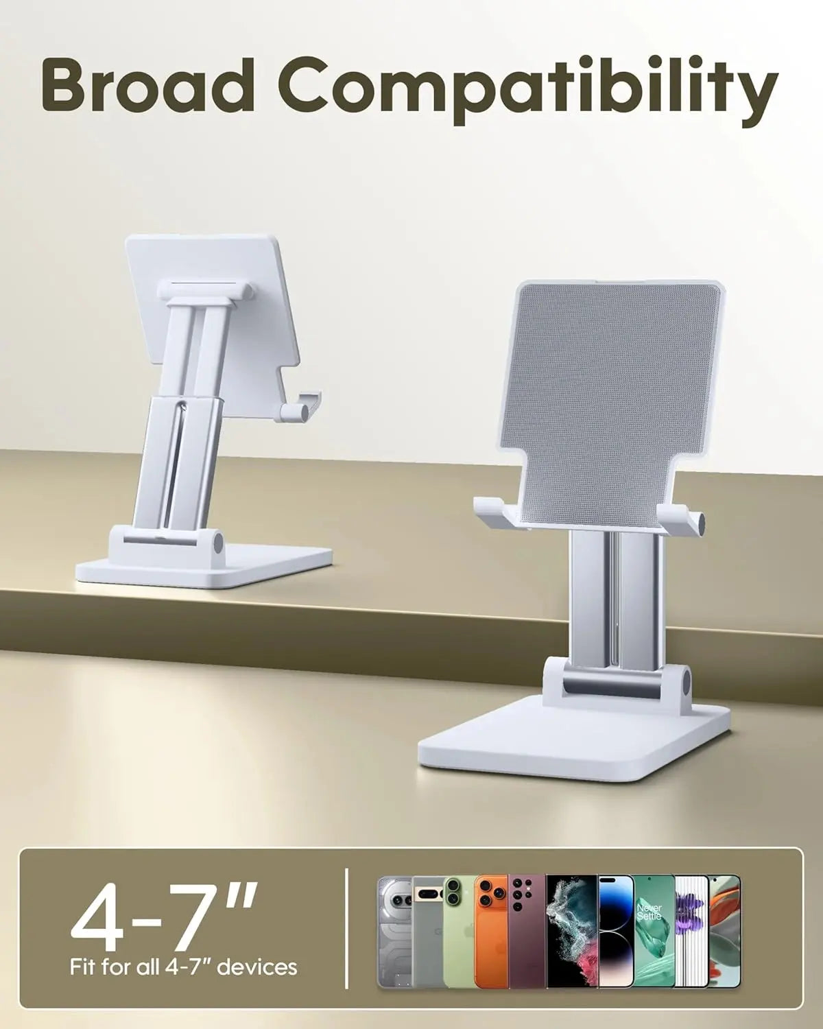 Two tablet stands on a beige surface with text indicating compatibility for 4-7" devices.