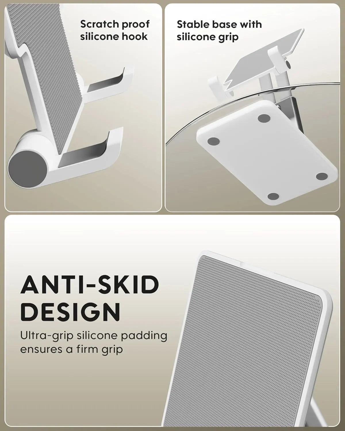Product with scratch-proof silicone hook and stable base, featuring anti-skid design text.