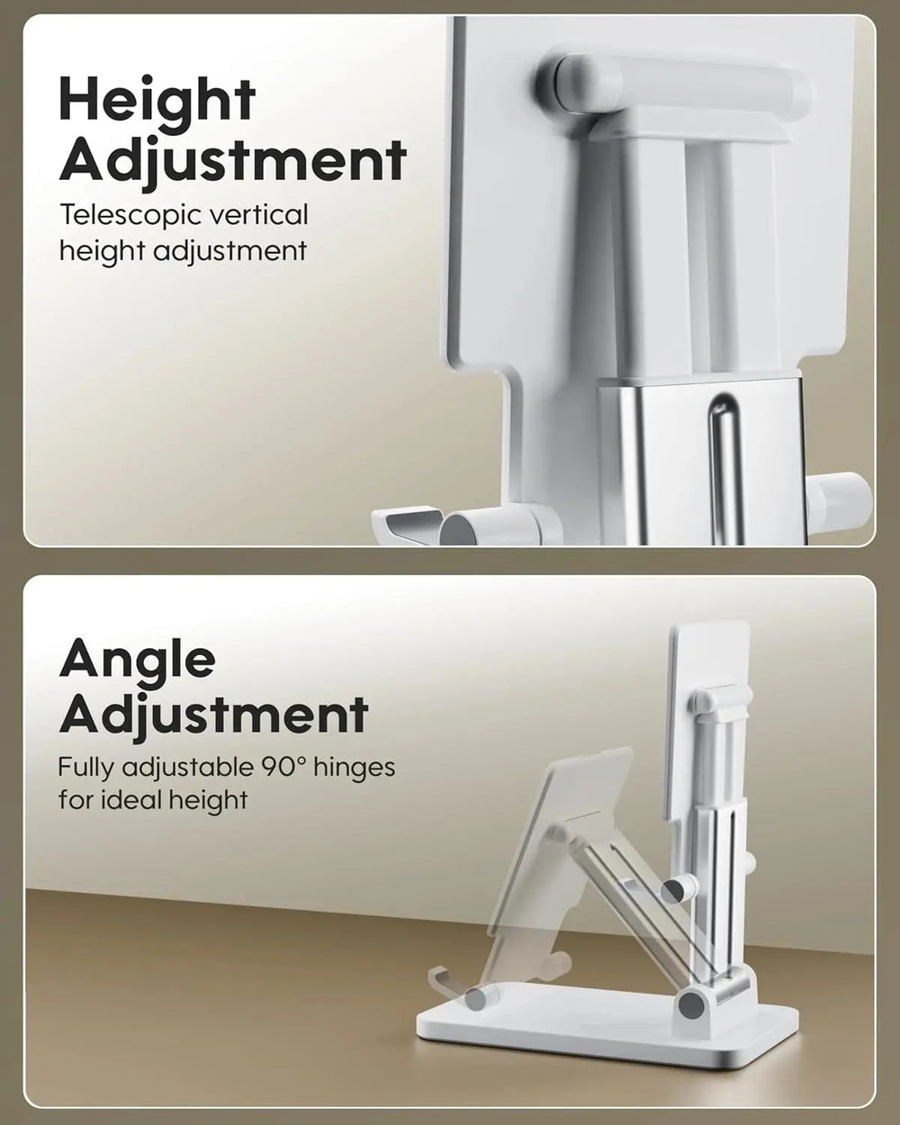 Telescopic vertical height adjustment mechanism and fully adjustable 90-degree hinges on a beige background.