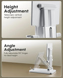 Telescopic vertical height adjustment mechanism and fully adjustable 90-degree hinges on a beige background.