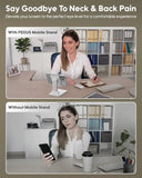 Comparison of a woman using a computer with and without a FEDUS mobile stand to alleviate neck and back pain.