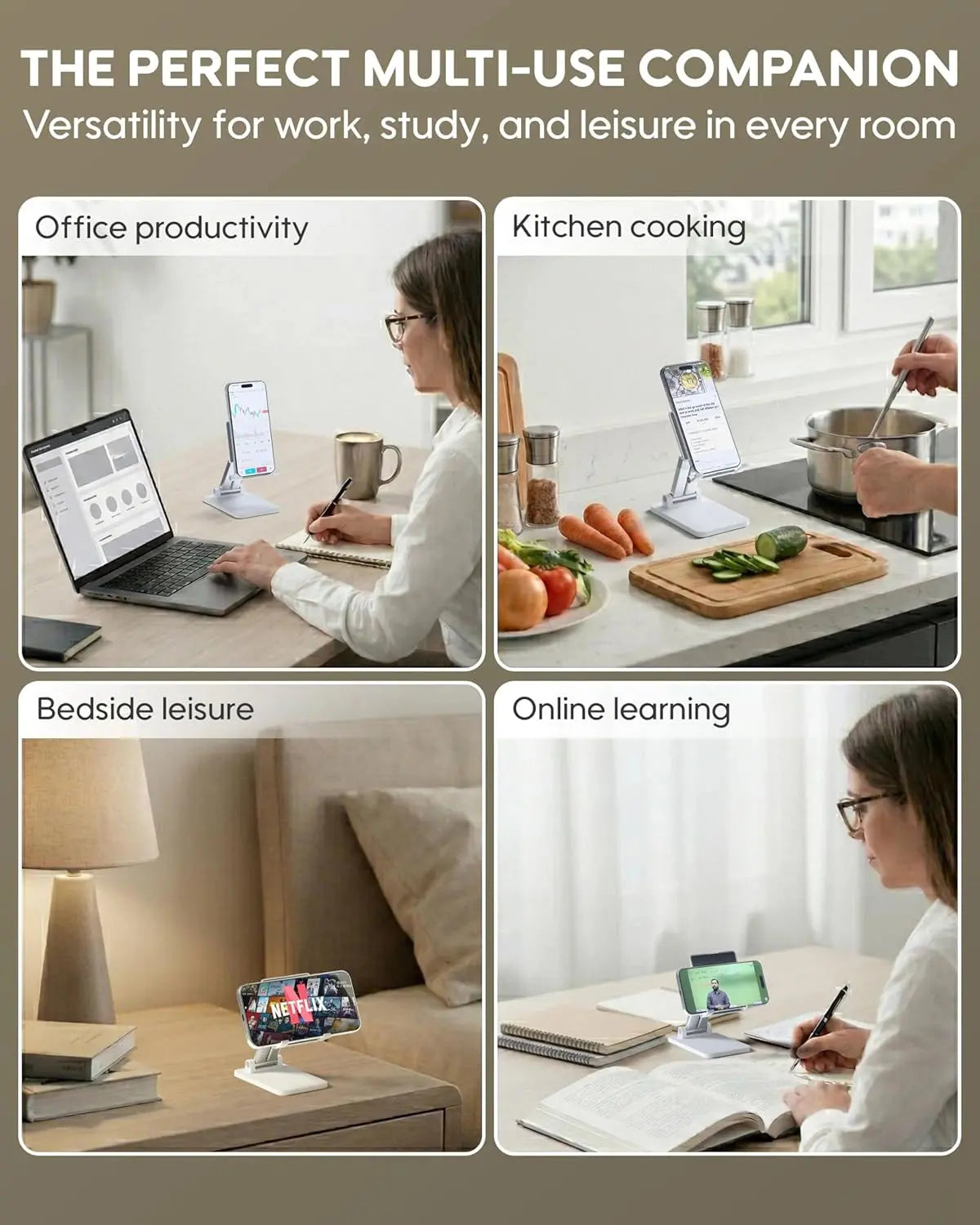 Collage of a multi-device stand in various settings including office, kitchen, bedroom, and study.
