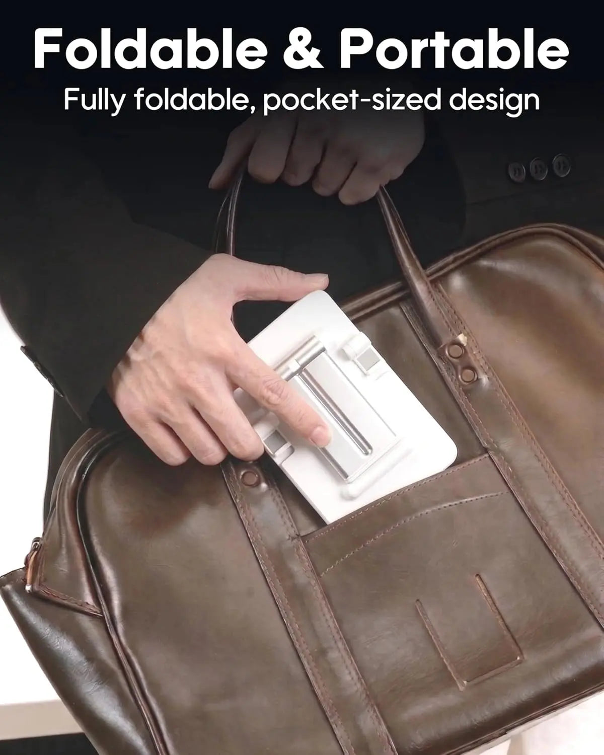 Foldable and portable device being placed into a brown leather bag with text highlighting its design.