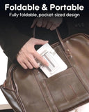 Foldable and portable device being placed into a brown leather bag with text highlighting its design.