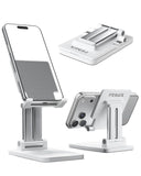 Three angles of a white phone stand with 'FEDUS' branding on a white background