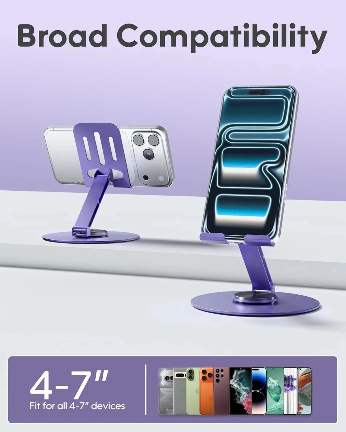 Purple phone holder with smartphone on a white surface, text indicating compatibility for 4-7" devices.