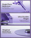 Product features with a purple background, including a metal arm, hinges, and base.