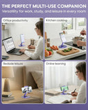 Collage of a multi-use device in various settings including office, kitchen, and bedroom.