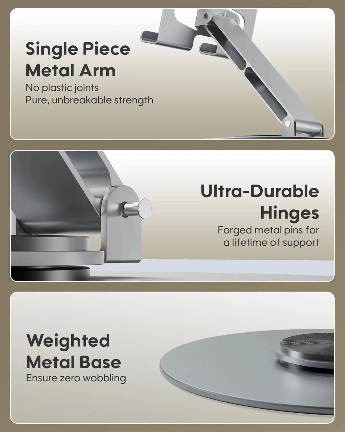 Metal stand with features highlighted on a beige background