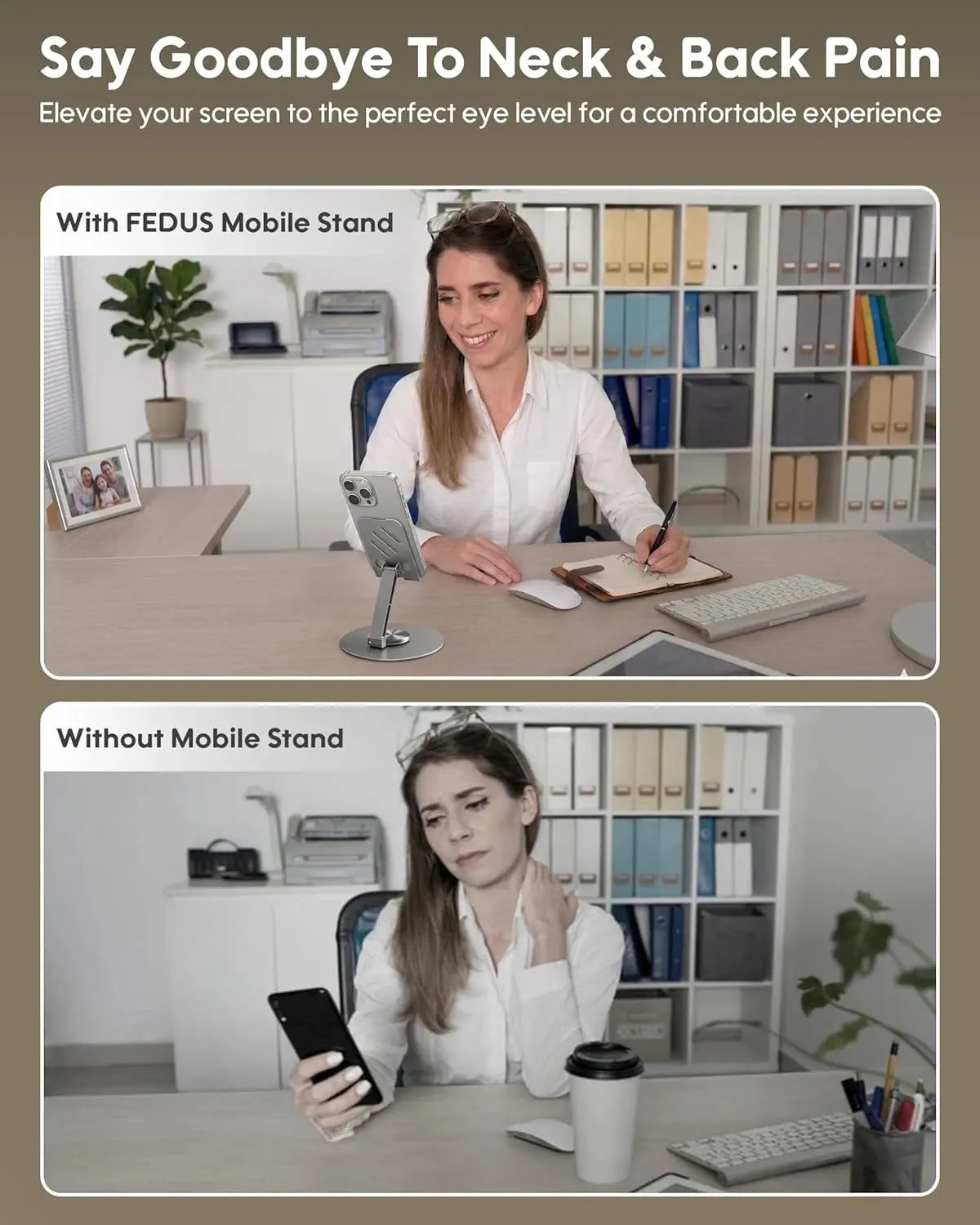 Comparison of a woman using a computer with and without a FEDUS mobile stand to alleviate neck and back pain.