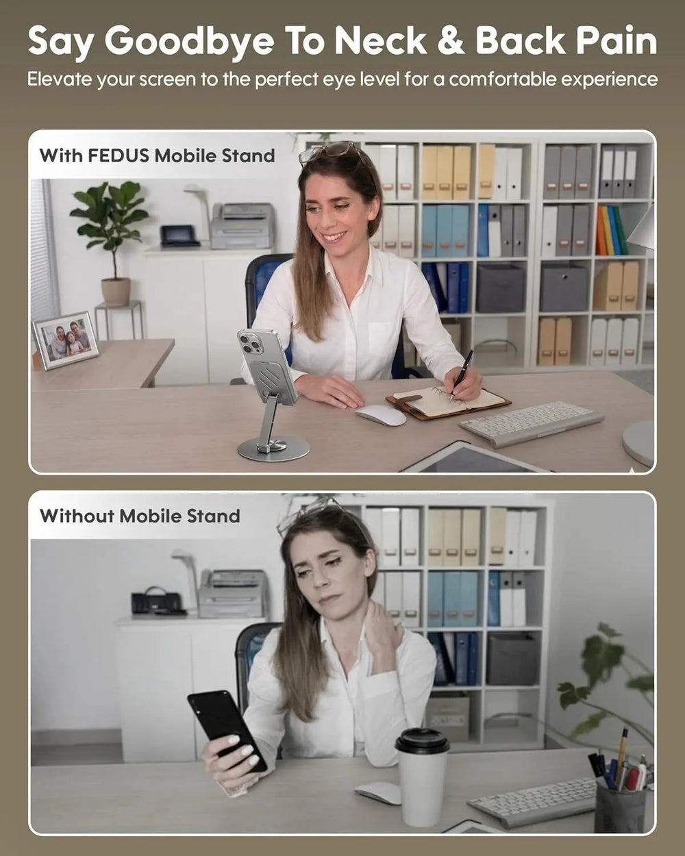 Comparison of a woman using a computer with and without a FEDUS mobile stand to alleviate neck and back pain.