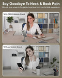 Comparison of a woman using a computer with and without a FEDUS mobile stand to alleviate neck and back pain.