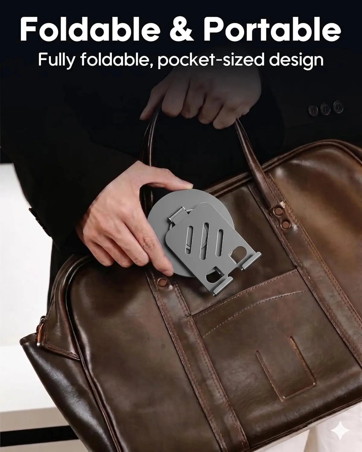 Foldable and portable device held over a brown leather bag with text highlighting its features.