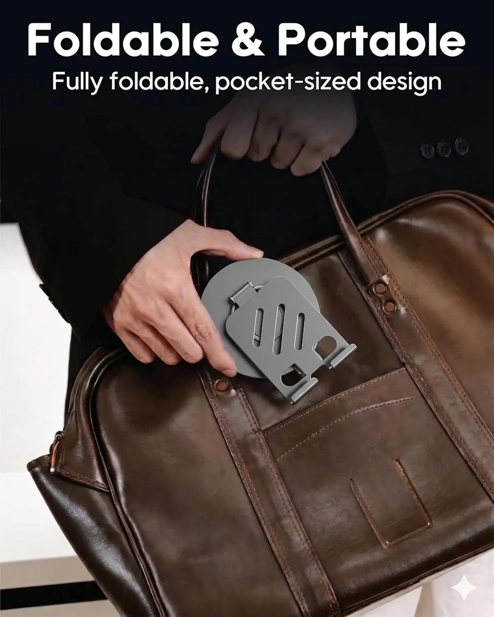 Foldable and portable device held over a brown leather bag with text highlighting its features.