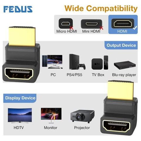 FEDUS Gold Plated HDMI Male to Female Converter Connector Adapter 270 Degree L Shape Angle Converter, HDMI L Shape Flat Extender, for HDTV, Plasma TV, LED, LCD Pack-1 – Black - FEDUS
