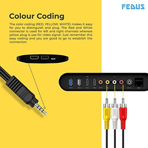 FEDUS 3 Meter 3.5mm to RCA Camcorder Handycam AV Audio Video Output Cable 3.5mm Stereo 1/8" TRRS to 3 RCA Male Plug AUX Cable Converter Splitter Cord for TV, Smartphones, MP3, Tablets, - FEDUS