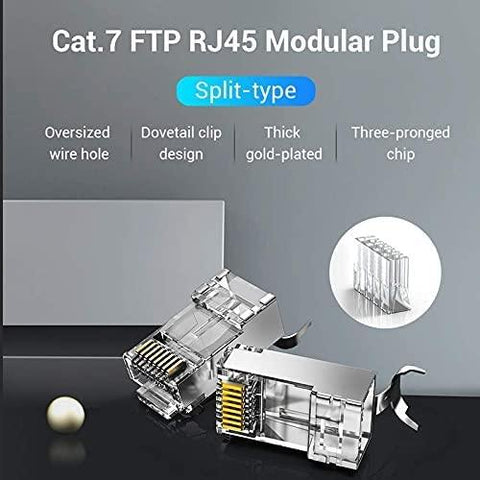 FEDUS 16 PCS RJ45 Cat7 & Cat6A Crimping Connectors plug, 50U Nickel Plated 3 Prong Shielded FTP/STP External Ground for 23 AWG (0.573mm) Network Cable, Metal Shielded, RJ45 8P8C Modular Plug - FEDUS