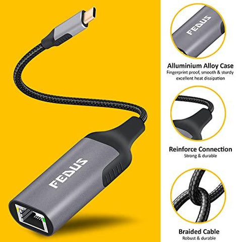 FEDUS Gigabit 1000 Mbps USB C to Ethernet RJ45 Adapter, USB-C 3.0 to RJ45 LAN Wired Adapter, Plug and Play Metal body braided cable Compatible Windows And Mac, Laptop, MecBook Chromebook Surface - FEDUS