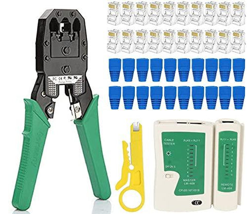 FEDUS RJ45 Crimping Tool Kit Ethernet Crimp Tool Set,RJ-11,6P/RJ-12,8P/RJ-45 Crimp crimping tool,50PCS Boot Covers,1 Network Cable Tester,Cut and Strip Tool with 50PCS RJ45 CAT5 CAT5e Cat6 Connectors - FEDUS