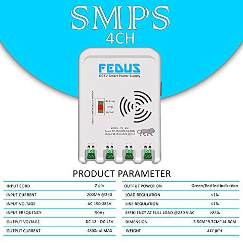 FEDUS 4 Channel SMPS for CCTV, Power Supply Adapter for up to 4 CCTV Security Cameras CCTV Power Supply SMPS, Power Supply Adapter for Video Surveillance Camera System, CCTV, Dome, Bullet Cameras - FEDUS