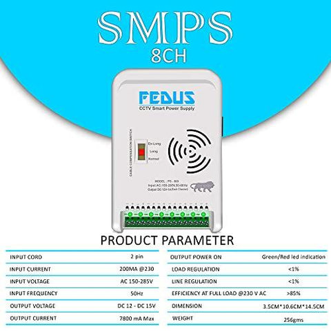 FEDUS 8 Channel SMPS for CCTV, Power Supply Adapter for up to 8 CCTV Security Cameras CCTV Power Supply SMPS, Power Supply Adapter for Video Surveillance Camera System, CCTV, Dome, Bullet Cameras - FEDUS