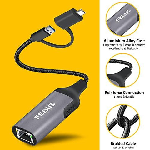 FEDUS 2-in-1 USB 3.0 to Ethernet Adapter, USB C to Ethernet RJ45 Adapter, Gigabit 1000MBPS LAN Network Adapter Supporting Windows And Mac, Laptop, Desktop USB type c to Lan RJ45 connector-Plug & Play - FEDUS