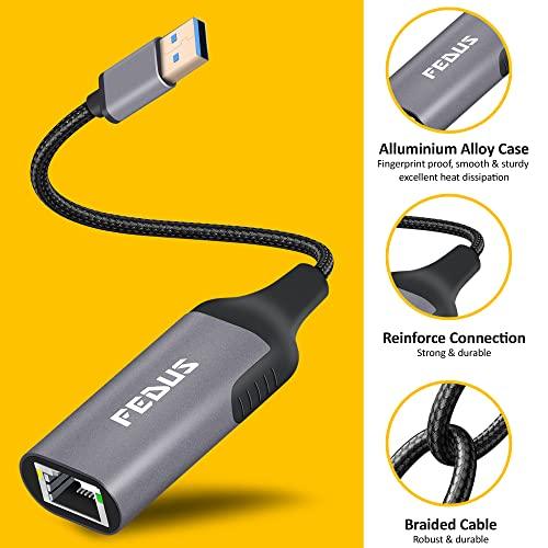 FEDUS Gigabit 1000 Mbps USB A to Ethernet RJ45 Adapter, USB-A 3.0 to RJ45 LAN Wired Adapter, Plug and Play Metal body braided cable Compatible Windows And Mac, Laptop, MecBook Chromebook Surface - FEDUS