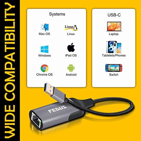FEDUS Gigabit 1000 Mbps USB A to Ethernet RJ45 Adapter, USB-A 3.0 to RJ45 LAN Wired Adapter, Plug and Play Metal body braided cable Compatible Windows And Mac, Laptop, MecBook Chromebook Surface - FEDUS