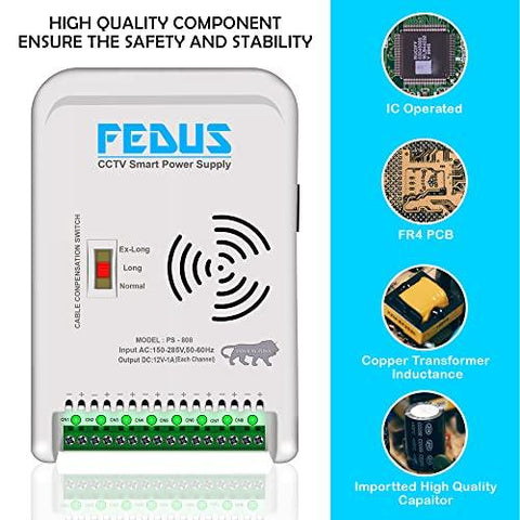 FEDUS 8 Channel SMPS for CCTV, Power Supply Adapter for up to 8 CCTV Security Cameras CCTV Power Supply SMPS, Power Supply Adapter for Video Surveillance Camera System, CCTV, Dome, Bullet Cameras - FEDUS