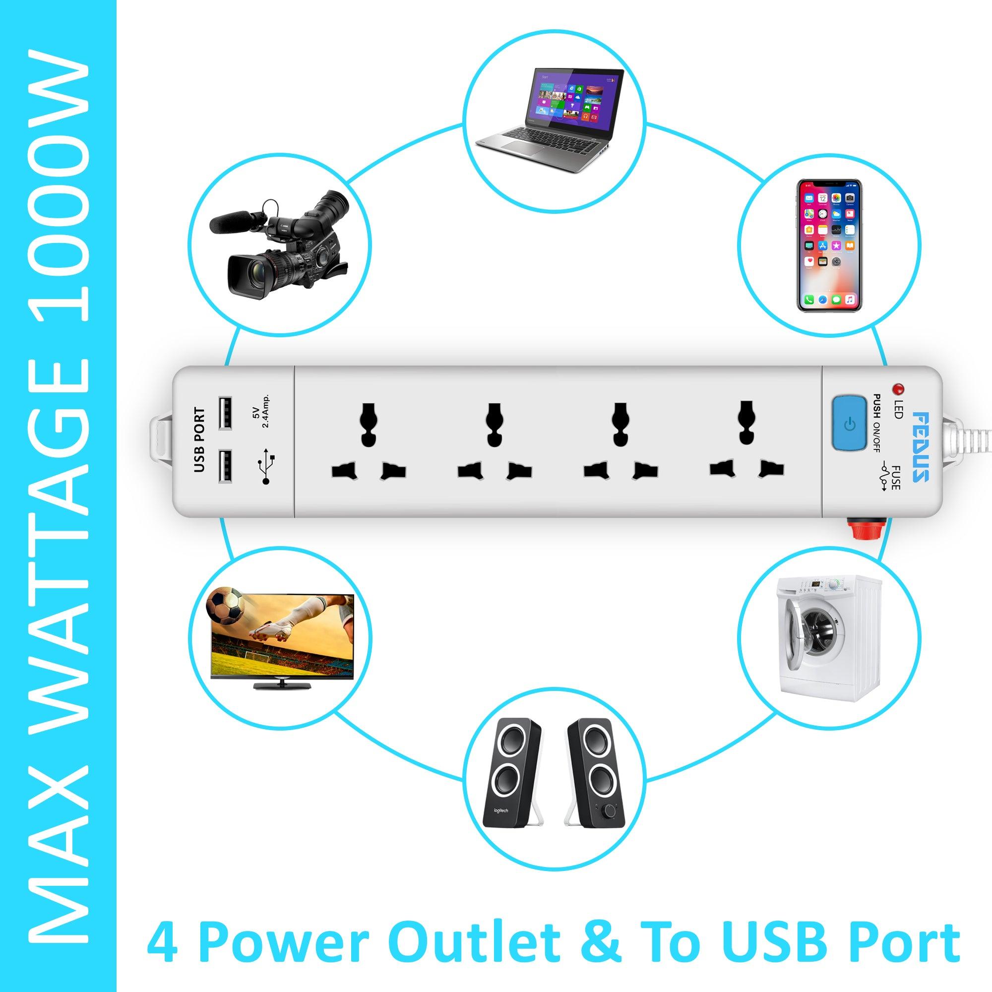 FEDUS Extension Board With 2 Output USB Charging Ports(2.1A ) 4 Universal Power Sockets, Switch Board Extension Board Cord, Power Strip, 3-Pin Surge Protection for Home Office - FEDUS
