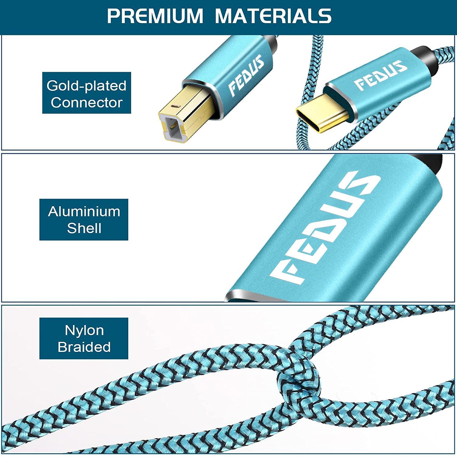 FEDUS USB Type-C to Printer Cable, Gold Plated Nylon Braided USB Type-C to USB B Male Scanner Cord Compatible with DIMI, Google Chromebook Pixel, MacBook Pro, HP Canon Printers - FEDUS