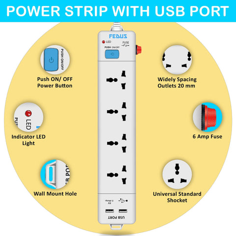 FEDUS Extension Board With 2 Output USB Charging Ports(2.1A ) 4 Universal Power Sockets, Switch Board Extension Board Cord, Power Strip, 3-Pin Surge Protection for Home Office - FEDUS