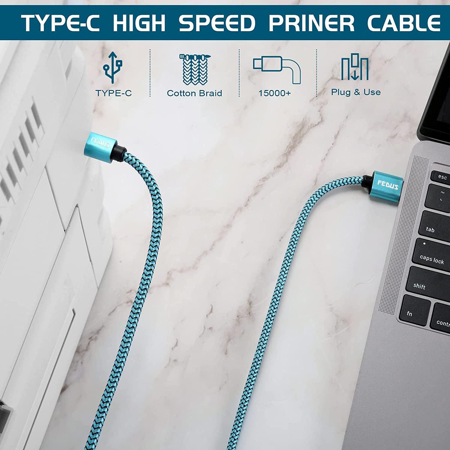 FEDUS USB Type-C to Printer Cable, Gold Plated Nylon Braided USB Type-C to USB B Male Scanner Cord Compatible with DIMI, Google Chromebook Pixel, MacBook Pro, HP Canon Printers - FEDUS