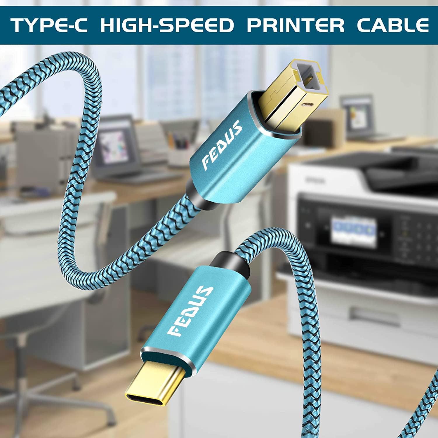 FEDUS USB Type-C to Printer Cable, Gold Plated Nylon Braided USB Type-C to USB B Male Scanner Cord Compatible with DIMI, Google Chromebook Pixel, MacBook Pro, HP Canon Printers - FEDUS