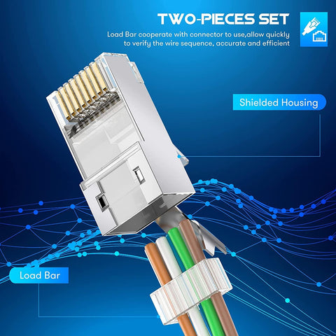 FEDUS RJ45 Cat7 & Cat6A Crimping Connectors plug, 50U Nickel Plated 3 Prong Shielded FTP/STP External Ground 23 AWG (0.573mm) Cable, RJ45 8P8C Plug, SILVER - FEDUS