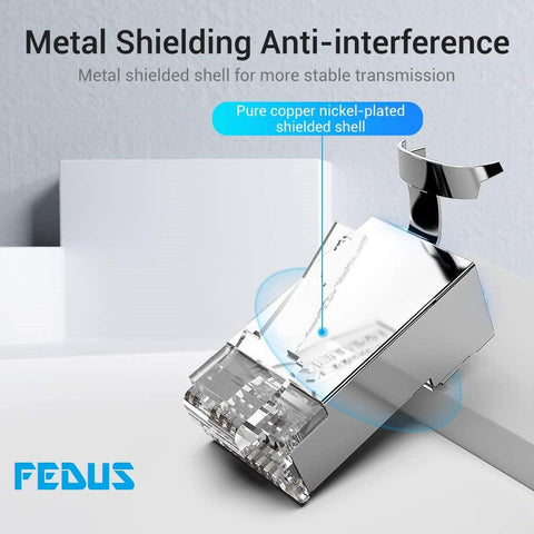 FEDUS RJ45 Cat7 & Cat6A Crimping Connectors plug, 50U Nickel Plated 3 Prong Shielded FTP/STP External Ground 23 AWG (0.573mm) Cable, RJ45 8P8C Plug, SILVER - FEDUS