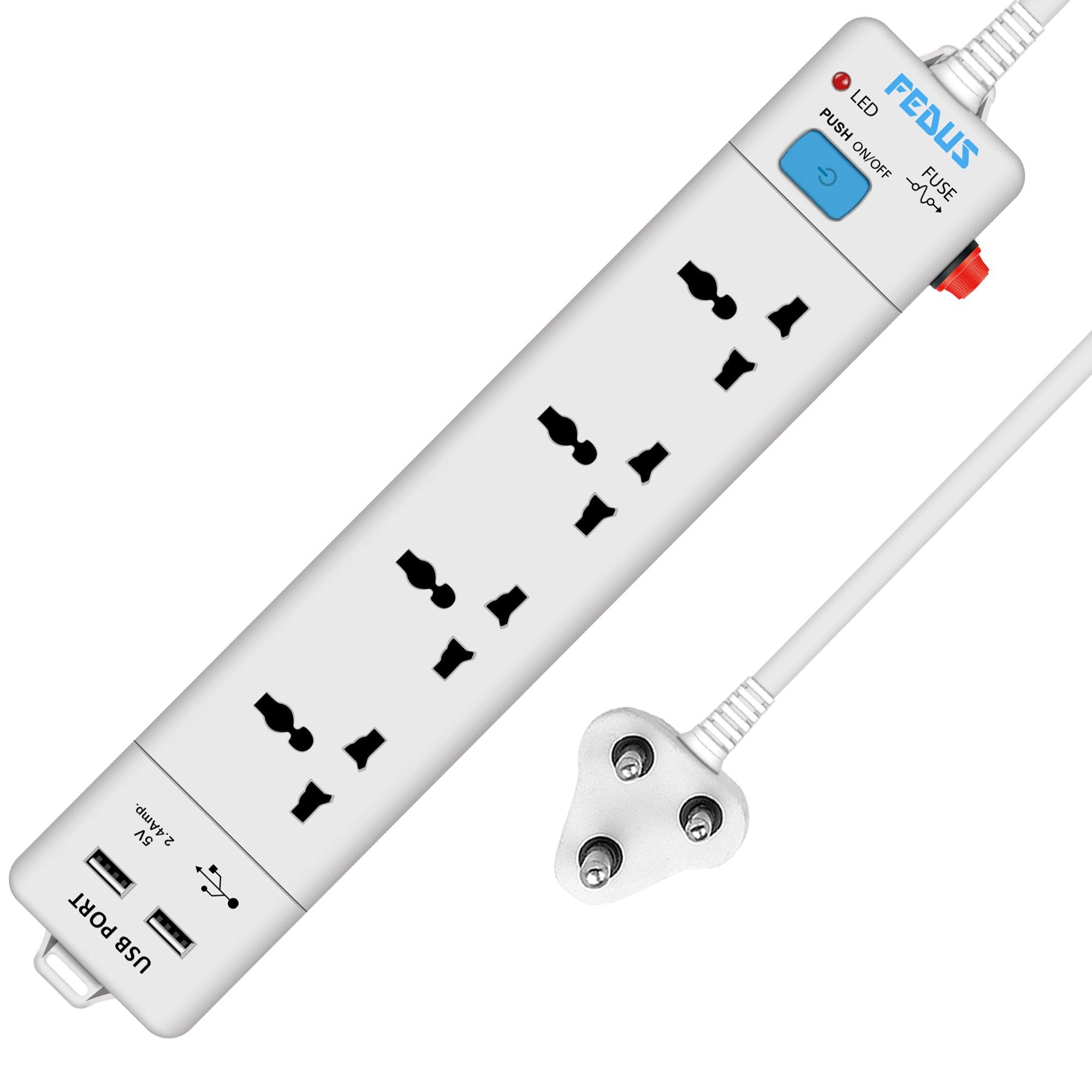 FEDUS Extension Board With 2 Output USB Charging Ports(2.1A ) 4 Universal Power Sockets, Switch Board Extension Board Cord, Power Strip, 3-Pin Surge Protection for Home Office - FEDUS